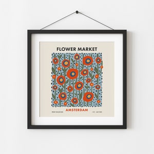 Flower Market Amsterdam Print, Retro Botanical Square Travel Poster, Colorful Floral Eclectic Wall Art Digital Download