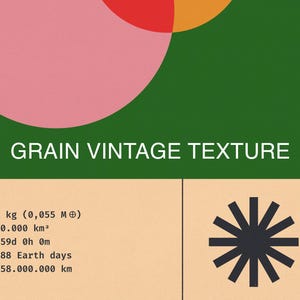 May include: A graphic design with the text "GRAIN VINTAGE TEXTURE" in white. The design features a green background with colorful geometric shapes and a beige section with text and a black starburst.