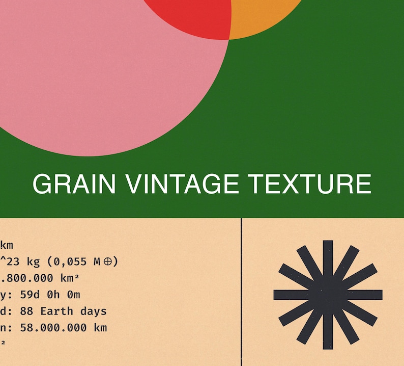 May include: A graphic design with the text "GRAIN VINTAGE TEXTURE" in white. The design features a green background with colorful geometric shapes and a beige section with text and a black starburst.