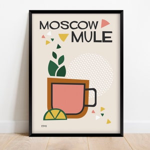 Retro Cocktail Print Moscow Mule, Mid Century Modern Kitchen Poster, Vintage Colorful Bar Decor Digital Download