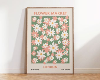 Flower Market Print London, Danish Pastel Retro Floral Digital Print, Green Pink Vintage Flower Poster Digital Download, 60s 70s Room Decor