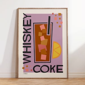 Cocktail Poster Whiskey Coke, Retro Alcohol Prints, Kitchen Printable Wall Art, Bar Cart Decor Digital Download