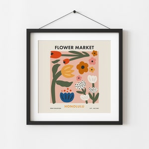 Flower Market Honolulu Print, Retro Botanical Square Travel Poster, Colorful Floral Eclectic Wall Art Digital Download