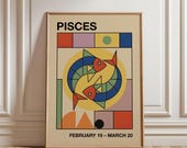 Pisces Art Print, Astrology Wall Art, Retro Bauhaus Style Poster, Mid Century Modern Art, Zodiac Sign Gift, Digital Download