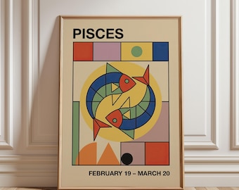 Pisces Art Print, Astrology Wall Art, Retro Bauhaus Style Poster, Mid Century Modern Art, Zodiac Sign Gift, Digital Download