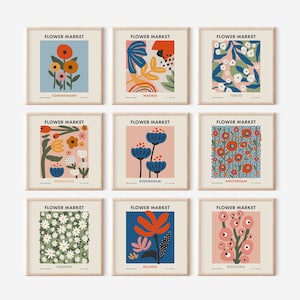 Spring Decor Gallery Wall Set, Trendy Colorful Wall Art Set of 9 Square Prints, Flower Market Trendy Floral Wall Art Digital Download