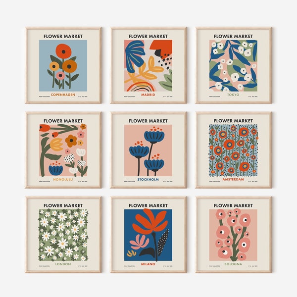 Flower Market Set of 9 Square Digital Prints, Retro Colorful Floral Wall Art, Botanical Travel Posters Digital Download