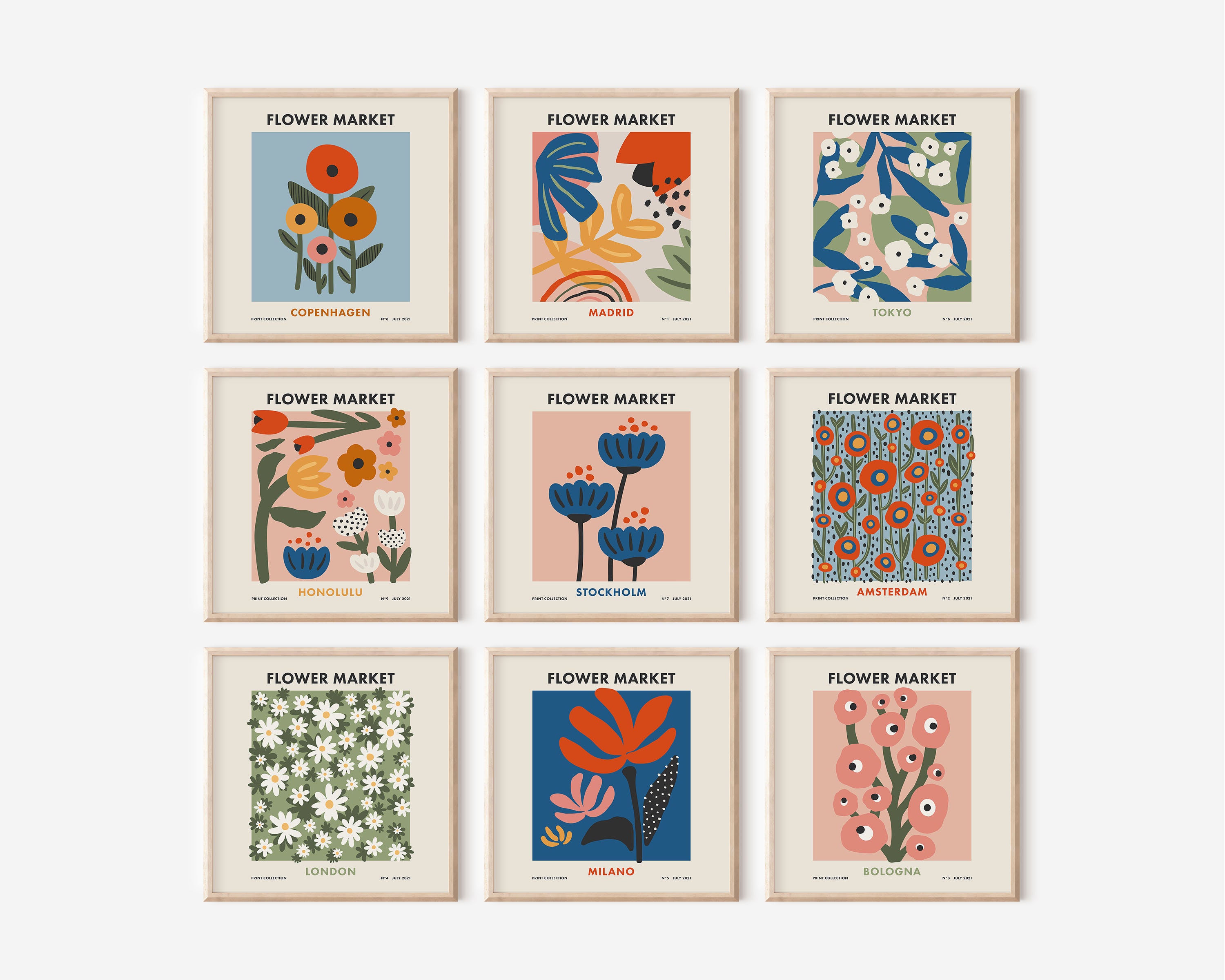 Flower Market Set of 9 Square Digital Prints, Retro Colorful Floral ...
