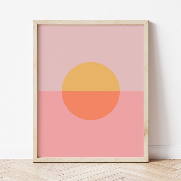 Retro Abstract Sunset Print, Trendy Funky Wall Art, Indie Room Decor Digital Download, Geometric Minimalist Poster in Pink and Orange
