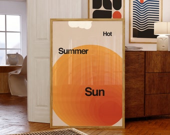 Retro Minimalist Sun Print, Gradient Beach Wall Art, Mid Century Modern Bauhaus Poster, Colorful Vintage Summer Wall Decor Digital Download