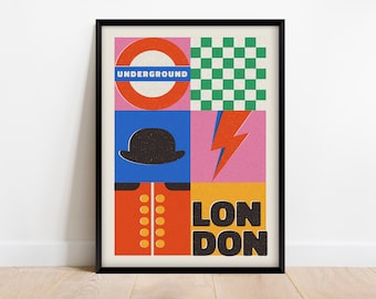 London City Travel Poster, Retro 80&#39;s 90&#39;s Aestethic Digital Print, Colorful Vintage Mid Century Modern Wall Art, Digital Download