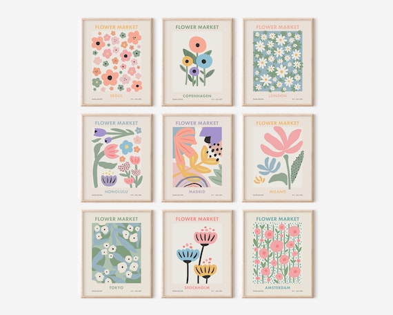 Flower Market Poster Set, Girly Preppy Wall Art, Pastel Aesthetic Room Decor, College Dorm Prints Digital Download