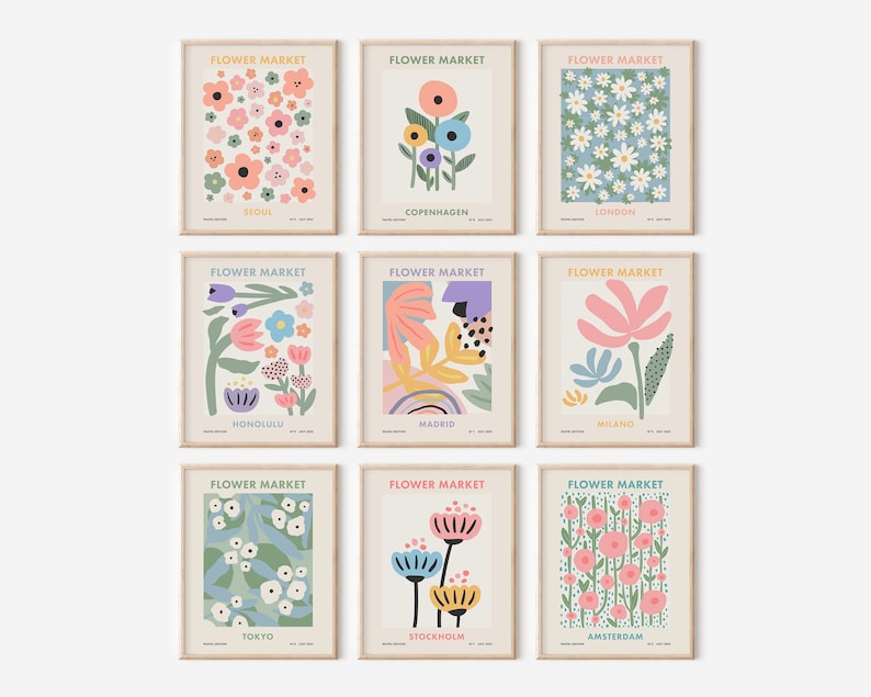 May include: Nine colorful floral prints with the text "FLOWER MARKET" above each image. Each print features a different city name: Seoul, Copenhagen, London, Honolulu, Madrid, Milan, Tokyo, Stockholm, and Amsterdam.
