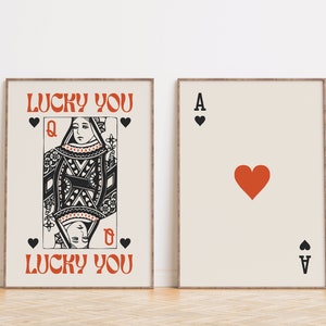Lucky You Poster Set of 2, Queen of Hearts and Ace, Retro Trendy Prints in Black and Red, Eclectic Wall Art Digital Download