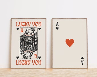 Lucky You Poster Set van 2, Queen of Hearts en Ace, Retro Trendy Prints in zwart en rood, Eclectische Wall Art Digital Download