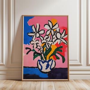Impresión floral abstracta inspirada en Matisse, arte ecléctico colorido, arte mural botánico, pintura de jarrón contemporánea moderna, decoración maximalista