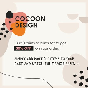 K&ouml;nnte beinhalten: Eine Grafikdesign-Verkaufsanzeige mit abstrakten Formen in Rosa, Orange und Schwarz. Der Text lautet "COCOON DESIGN" und "Kaufe 3 Drucke oder ein Druckset, um 30% Rabatt auf deine Bestellung zu erhalten. F&Uuml;GE EINFACH MEHRERE ARTIKEL IN DEINEN WARENKORB UND SIEHE ZU, WIE DIE MAGIE GESCHIEHT :)"