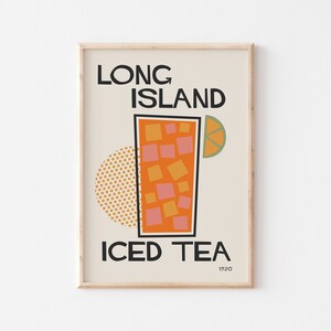 May include: A retro-style poster with the text "Long Island Iced Tea" in black lettering. The poster features a stylized illustration of a glass of iced tea with a lime wedge, surrounded by a yellow and orange polka dot circle.