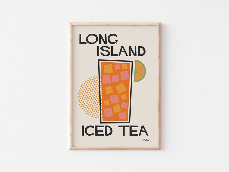 May include: A retro-style poster with the text "Long Island Iced Tea" in black lettering. The poster features a stylized illustration of a glass of iced tea with a lime wedge, surrounded by a yellow and orange polka dot circle.