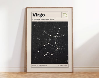 Cartel digital del horóscopo de Virgo, Impresión de arte del zodiaco retro, Arte de pared de constelación minimalista moderno, Descarga digital de regalos de astrología