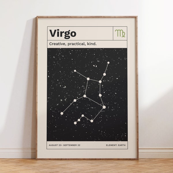 Virgo Horoscope Digital Poster, Retro Zodiac Art Print, Modern Minimalist Constellation Wall Art, Astrology Gifts Digital Download
