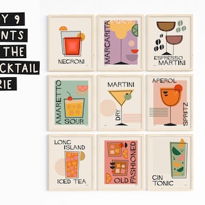 Juego de 9 impresiones personalizadas de cócteles, póster de bebidas retro de mediados de siglo, decoración de barra de cocina, descarga digital