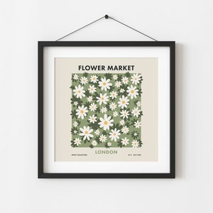 Flower Market London Print, Retro Botanical Square Travel Poster, Retro Ditsy 60s 70s Decor, Floral Wall Art Digital Download