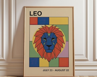 Leo Art Print, Astrology Wall Art, Retro Bauhaus Style Poster, Mid Century Modern Art, Zodiac Sign Gift, Digital Download
