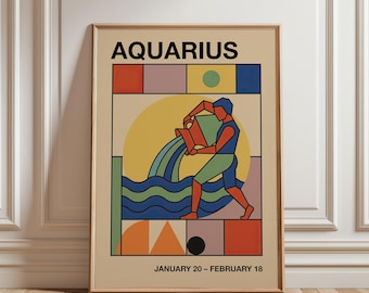 Aquarius Art Print, Astrology Wall Art, Retro Bauhaus Style Poster, Mid Century Modern Art, Zodiac Sign Gift, Digital Download