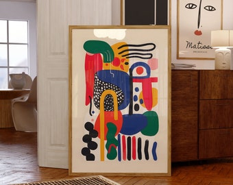 Arte de parede maximalista eclética, impressão de arte contemporânea peculiar, pôster colorido brilhante, decoração de escritório de sala de estar, download digital