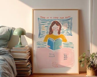 Girl Reading Bookish Print Cozy Book Lover Poster Retro Readers Wall Art Bedroom Wall Decor Girly Pastel Illustration