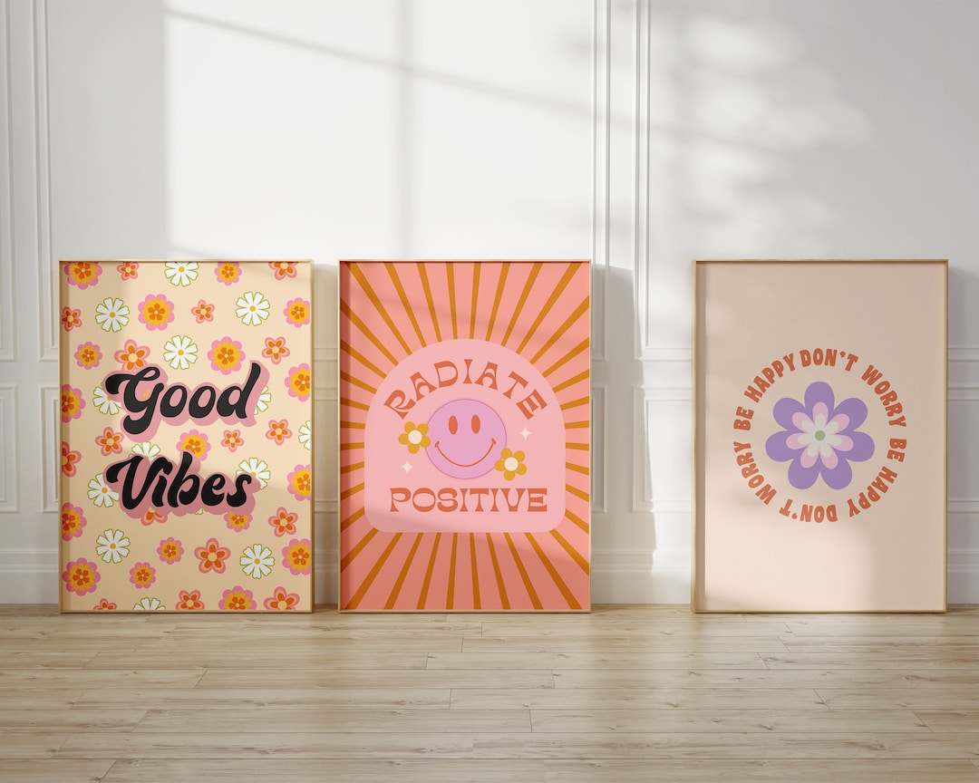 Funky Wall Art Print Set, Retro 60s 70s Hippie Wall Art, Positive Motivational Quotes Posters