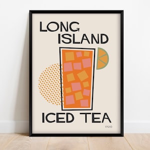 May include: A black framed poster with a peach background. The poster features a stylized illustration of a glass of iced tea with a lime wedge. The text "LONG ISLAND ICED TEA 1920" is printed in black.