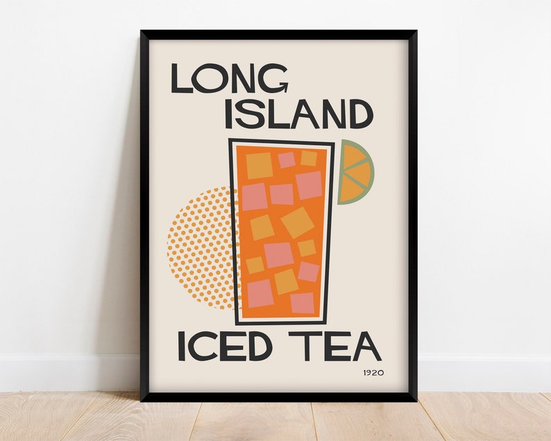 May include: A black framed poster with a peach background. The poster features a stylized illustration of a glass of iced tea with a lime wedge. The text "LONG ISLAND ICED TEA 1920" is printed in black.