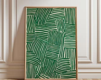 Minimalist Printable Wall Art, Abstract Contemporary Print, Boho Japandi Wall Art, Irregular Emerald Green Stripes Pattern, Digital Download