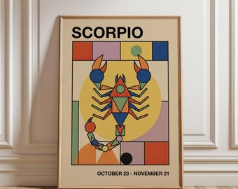 Scorpio Art Print, Astrology Wall Art, Retro Bauhaus Style Poster, Mid Century Modern Art, Zodiac Sign Gift, Digital Download
