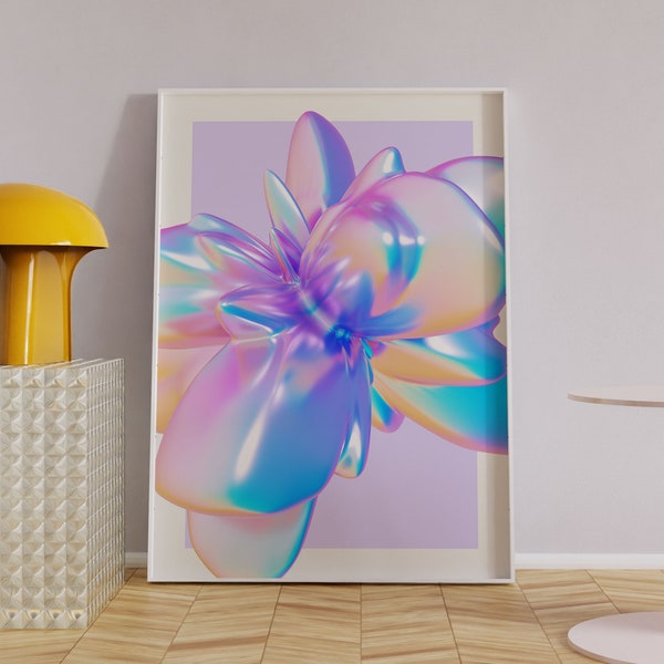 2000s Cyber Floral Wall Art, Y2k Aesthetic Room Decor, Psychedelic Pastel Holographic Poster, 90s Nostalgia Print 1 Digital Download