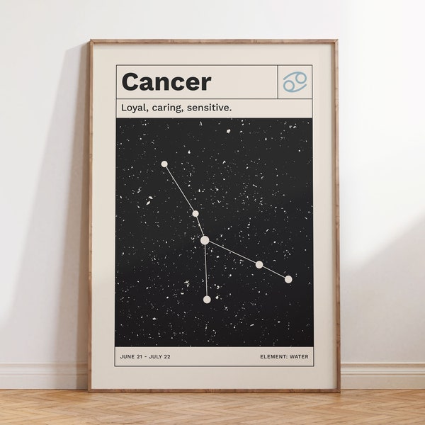 Cancer Horoscope Digital Poster, Retro Zodiac Art Print, Modern Minimalist Constellation Wall Art, Astrology Gift Digital Download