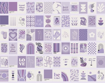 Pastel Lavender Wall Collage Kit, Aesthetic College Dorm Decor, Flower Market, Matisse, Retro Groovy Set of 72 Digital Prints 5x7 in.