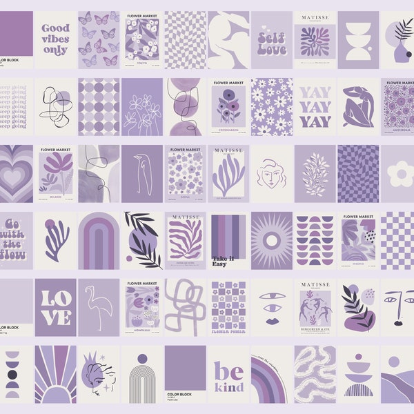 Pastel Lavender Wall Collage Kit, Aesthetic College Dorm Decor, Flower Market, Matisse, Retro Groovy Set of 72 Digital Prints 5x7 in.