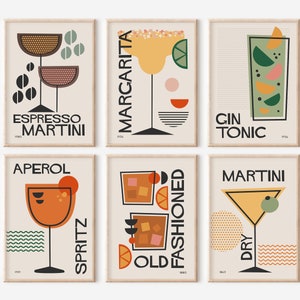 Cocktail-Druck-Set von 6, Retro-Mid-Century-Modern-Poster, farbenfrohe Bauhaus-Küchen-Wandkunst, Bar-Dekor, digitaler Download