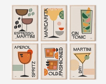 Cocktail Print Set of 6, Retro Mid Century Modern Posters, Colorful Bauhaus Kitchen Wall Art, Bar Decor Digital Dowload