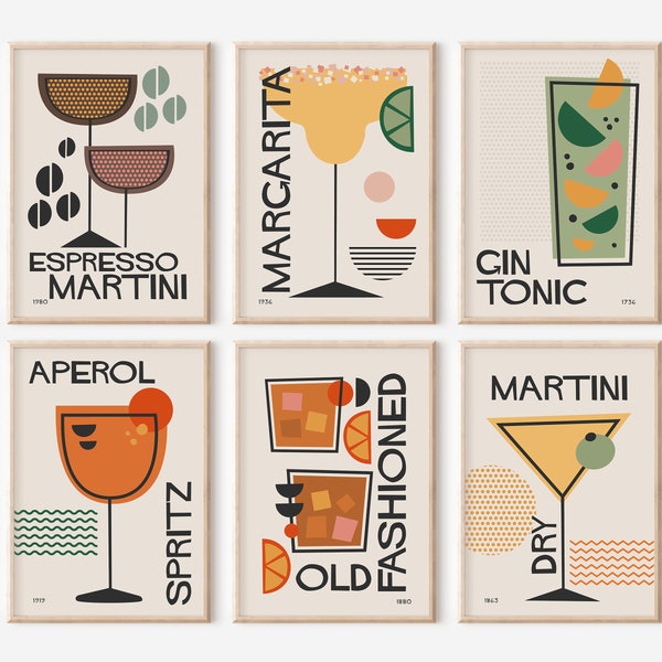 Cocktail Print Set of 6, Retro Mid Century Modern Posters, Colorful Bauhaus Kitchen Wall Art, Bar Decor Digital Dowload
