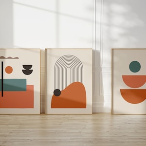 Mid Century Modern Set of 3 Prints, Boho Minimalist Wall Art, Geometric Shapes Gallery Wall Set in Burnt Orange Earth Tones Digital Download