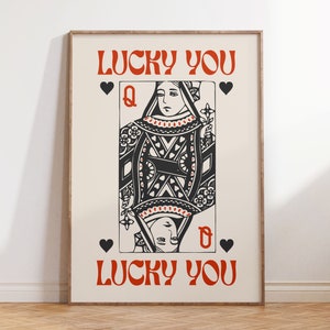 Lucky You Card Poster, Queen of Hearts Trendy Print in Black and Red, Retro Eclectic Wall Art Digital Download