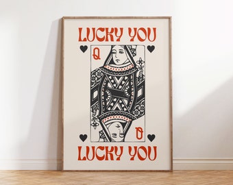 Lucky You Card Poster, Queen of Hearts Trendy Print in zwart en rood, Retro Eclectic Wall Art Digital Download