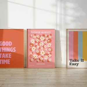 Lot de 3 impressions murales d'affirmation, affiches funky orange et rose, décoration de chambre rétro preppy, art mural girly à télécharger