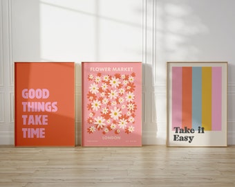 Lot de 3 impressions murales d'affirmation, affiches funky orange et rose, décoration de chambre rétro preppy, art mural girly à télécharger