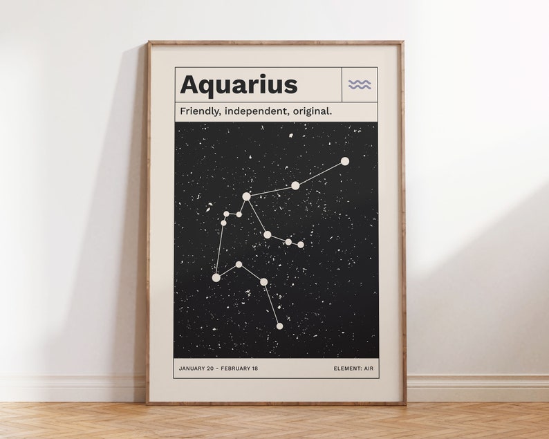 Puede incluir: Un p&oacute;ster imprimible en blanco y negro con el signo del zod&iacute;aco Acuario. El p&oacute;ster presenta una constelaci&oacute;n de estrellas con el texto "Aquarius" en letras blancas en negrita. El texto "Friendly, independent, original." est&aacute; debajo del signo. Las fechas "JANUARY 20 - FEBRUARY 18" y "ELEMENT: AIR" est&aacute;n en la parte inferior del p&oacute;ster.