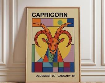 Capricorn Art Print, Astrology Wall Art, Retro Bauhaus Style Poster, Mid Century Modern Art, Zodiac Sign Gift, Digital Download